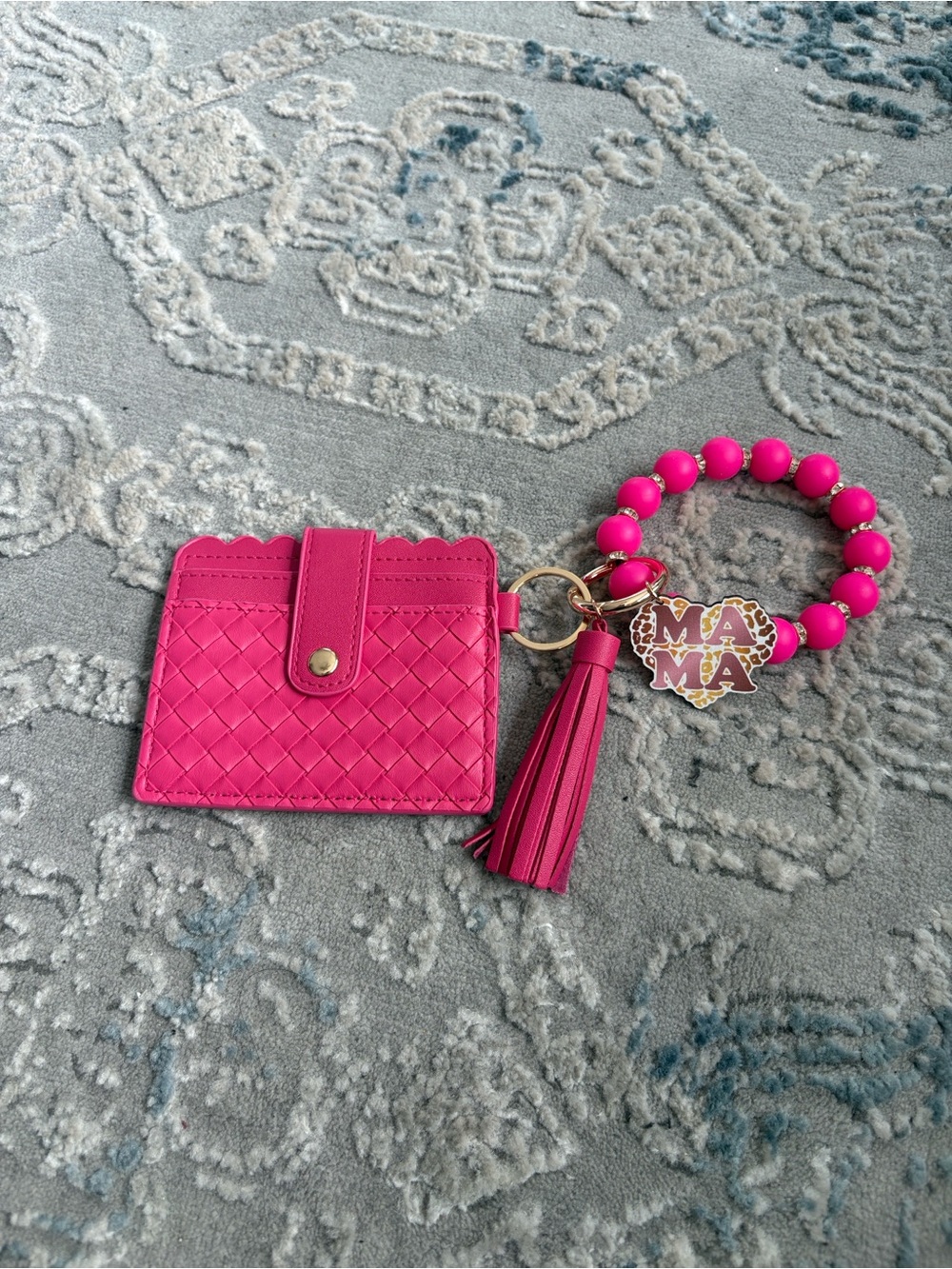 Pink Mama Beaded Keyring Cardholder with Tassel